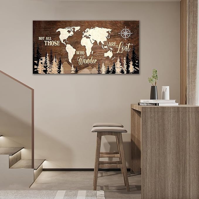 World Map Wall Art Vintage World Map Poster Canvas Prints Nautical Travel Decor Modern Framed Art Map of The World Wall Art for Living Room Dining Room Home Office 60"x30"