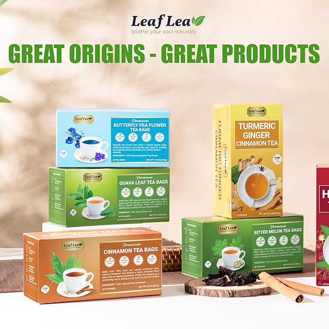 LeafLea Turmeric Tea with Ginger and Cinnamon, 80 Premium Turmeric Ginger Tea Bags, Supports Immune Health & Digestion, 100% Natural & Pure Blend Herbal Tea, Caffeine-Free, No Sugar, Vegan