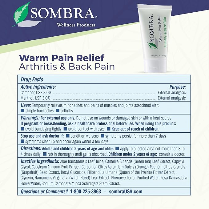 Sombra Warm Pain Relief Gel, Warm Relief for Arthritis and Chronic Pain Pre-Workout Muscle Rub Vegan Formula Free of Artificial Fragrances, Dyes, NSAIDs, Wax, Petroleum, Alcohol - 4oz Tube