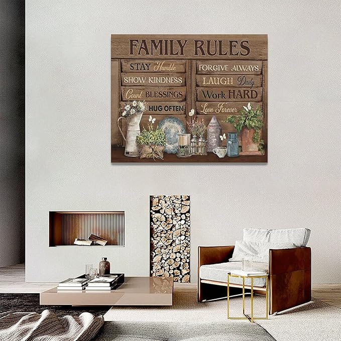Country Family Rules Wall Art Farmhouse Inspiration Wall Decor Rustic Flower Home Sign Pictures Canvas Painting Artwork Home Decorations For Living Room Bedroom Bathroom Office 20"x16"