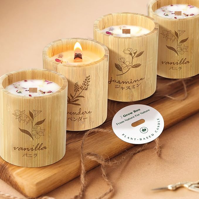 Wood Wick Candles That Crackle - Natural Bamboo Jar Candle, Jasmine Scented Candles for Home, 100% Soy Wax, 60-Hour Burn, Plant-Based Fragrance, Birthday Gifts for Women, 11 oz