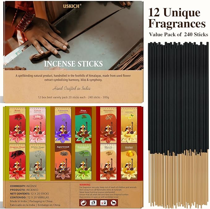 Incense Sticks Variety Pack-240 Insence-Sticks (12Incents x 20 Insense) -White Sage Palo Santo Dragons Blood Sandalo-Natural Inscents-Sticks Non Toxic Cleansing Incienso+Slow Burning Inscents