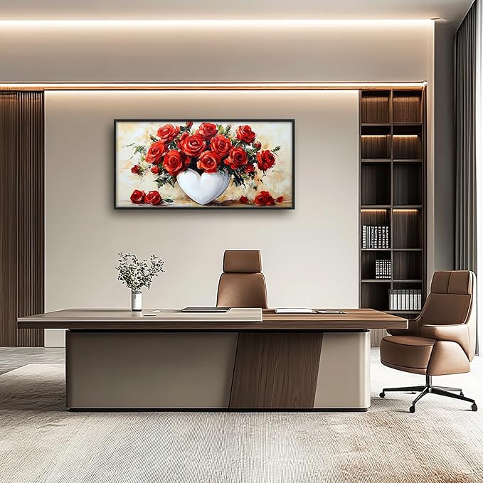 Rose Wall Art Red Flower Pictures Wall Decor Romantic Roses Large Master Over Above Bed Canvas Red Roses Prints Horizontal Modern Artwork Painting Home Office Decorations For Kitchen Bedroom 30"x60"