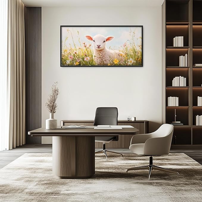 Kylora Lamb Wall Art Sheep Pictures Wall Decor Flower Field Large Master Over Above Bed Canvas Christian Prints Horizontal Modern Artwork Painting Home Office Decorations For Kitchen Bedroom 30"x60"