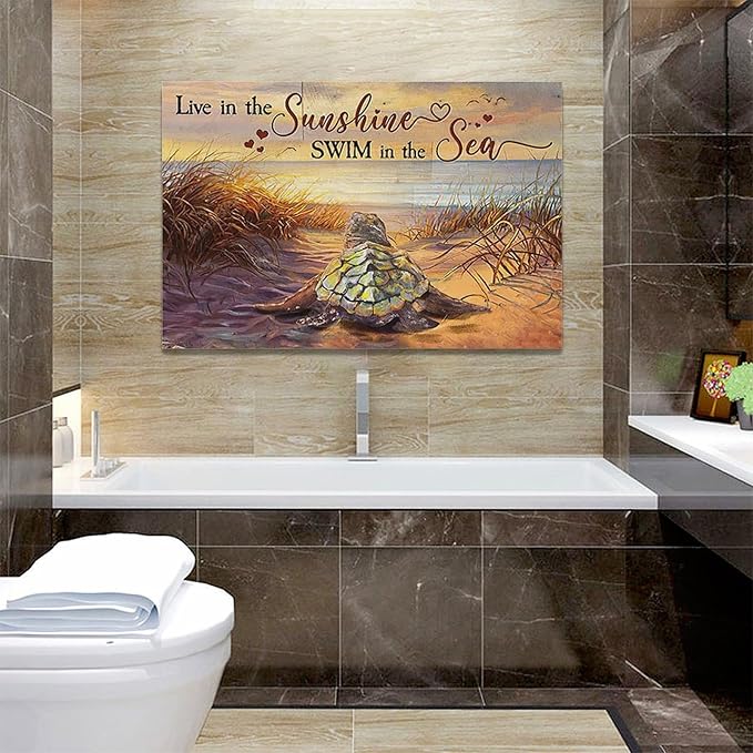 Bathroom Sea Turtle Wall Art Farmhouse Turtles Wall Decor Country Beach Ocean Coastal Nautical Pictures Canvas Painting Artwork Home Decorations for Living Room Bedroom Bathroom Office 24"x16"