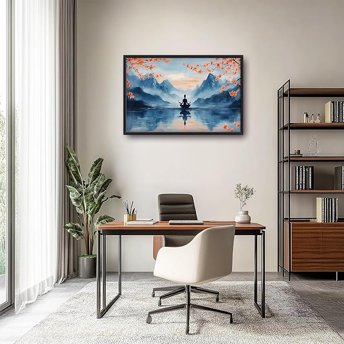 Zen Large Wall Art Buddha Lake Pictures Wall Decor Cherry Blossom Canvas Landscape Meditation Print Painting Modern Artwork Home Decoration for Yoga Spa Living Room Bathroom Bedroom Office Framed 36"x24"