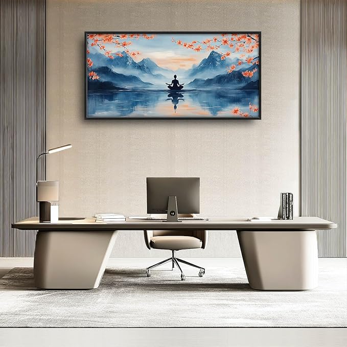 Zen Large Wall Art Buddha Lake Pictures Wall Decor Cherry Blossom Canvas Landscape Meditation Print Painting Modern Artwork Home Decoration for Yoga Spa Living Room Bathroom Bedroom Office Framed 60"x30"