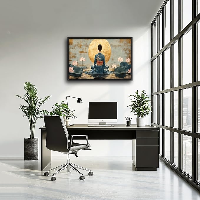 Japanese Woman Large Wall Art Lotus Moon Pictures Wall Decor Nature Canvas Landscape Print Painting Modern Artwork Home Decoration for Living Room Bathroom Bedroom Office Framed 24"x36"