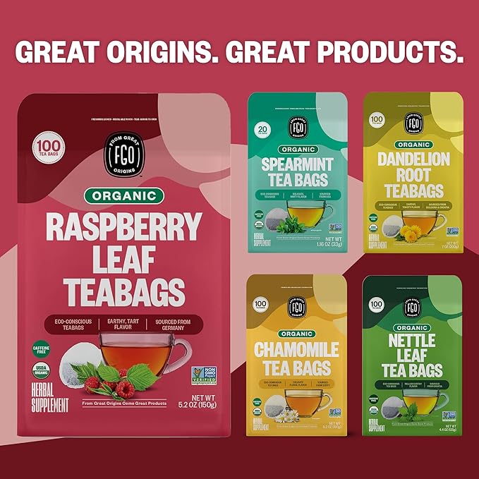 FGO Organic Red Raspberry Leaf Herbal Tea, 40 Count, Eco-Conscious Tea Bags, Caffeine Free (Pack of 1)