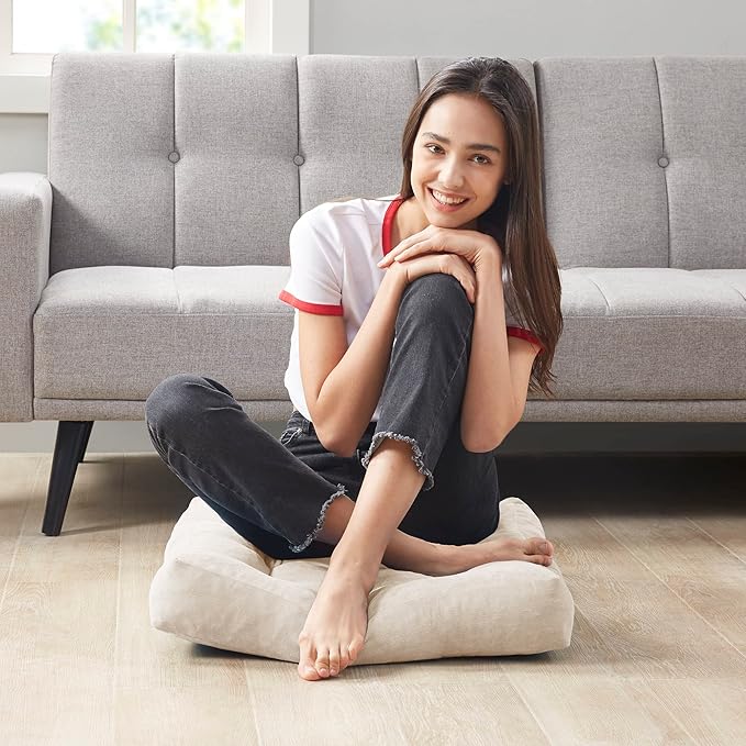 Degrees of Comfort Meditation Floor Pillow, Square Large Pillows Seating for Adults, Tufted Corduroy Cushion for Balcony Bedroom Tatami Living Room, Beige, 22x22 Inch
