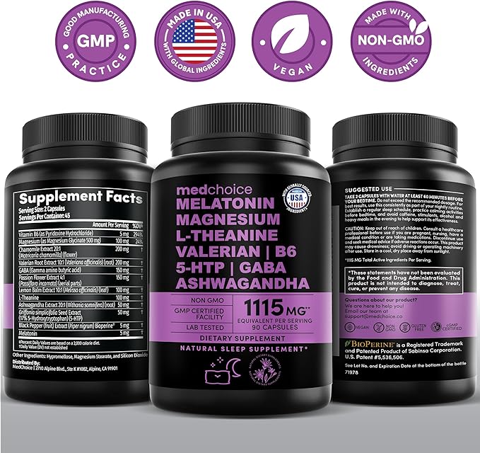 12-in-1 Melatonin Sleep Capsules - Natural Sleep Aids for Adults with Melatonin 5mg and Magnesium Glycinate 500mg, Sleep Aid with Ashwagandha, L Theanine, Valerian Root, GABA, 5-HTP (90ct, Pack of 3)