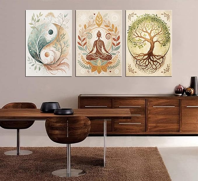 3 Pcs Tree of Life Canvas Wall Art Lotus Zen Painting Pictures Wall Decor Yin Yang Taichi Spiritual Prints Posters for Living Room Yoga Room Hotel Bedroom Home Decor 12x16in Framed