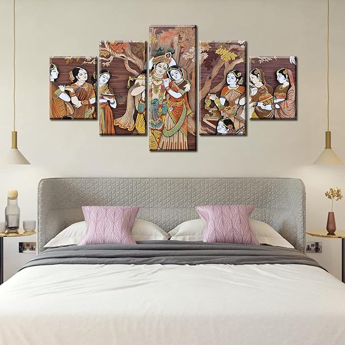 Radha Krishna Wall Decor for Living Room Watercolor Indian God Canvas Print 5 Piece Vintage Artwork Framed 60" Wx32 H