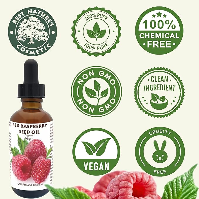 Best Nature's Cosmetics Red Raspberry Seed Oil – 100% Pure, Organic, Cold-Pressed – Natural Face & Hair Moisturizer – Rich in Vitamin E, Omega 3 – Anti-Aging Skincare – 1 fl oz / 30 ml