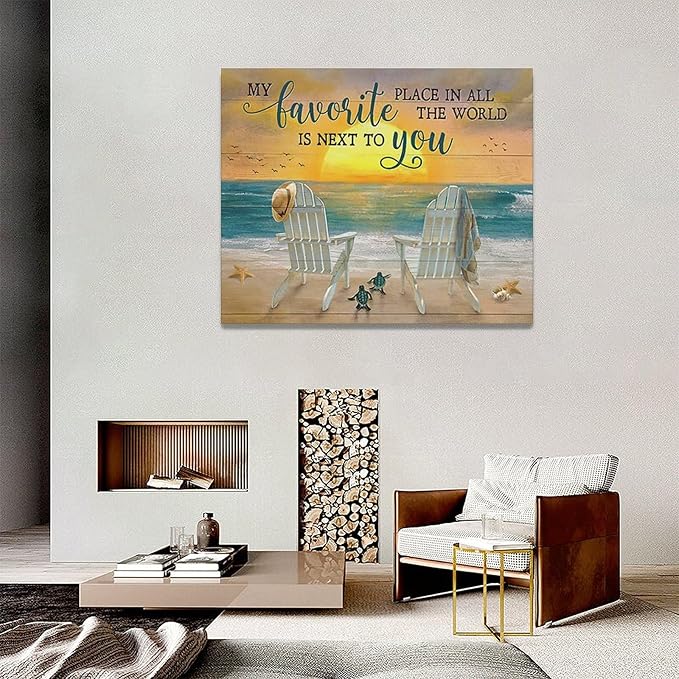 Fleruku Beach Wall Art Ocean Coastal Wall Decor Nautical Sunrise Sunset Sea Turtles Pictures Canvas Painting Artwork Home Decorations for Living Room Bedroom Bathroom Office 20"x16"