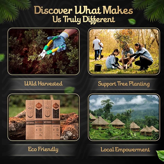 8 Natural Myrrh Incense Sticks, (9" Each) - Handmade with Myrrh Resin Organic, Natural Carbon & Salt for Purification, Healing & Space Cleansing Aromatherapy - 1 Hour Burn Time