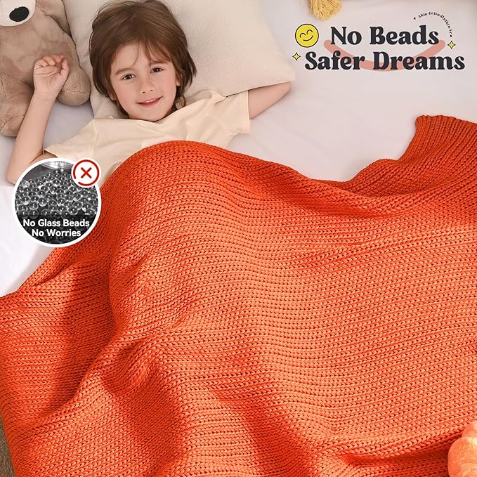 Guohaoi Knitted Weighted Blanket Kids (Orange 50"x60" 10lbs) No Beads Cooling Heavy Blanket, Home Decor Breathable Chunky Knit Throw Blanket for All-Season Use