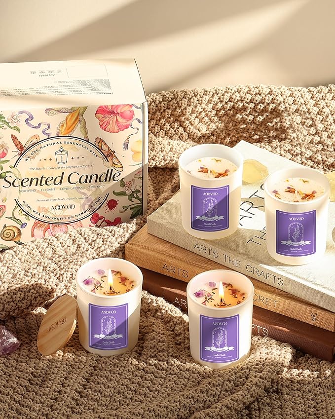 AOOVOO Lavender Candles Set for Women - 4 Pack Candles for Home Scented, Aromatherapy Candle with Crystals Inside, 28 oz 200 Hour Long Lasting, Birthday Gifts Mothers Day Candle for Women Mom