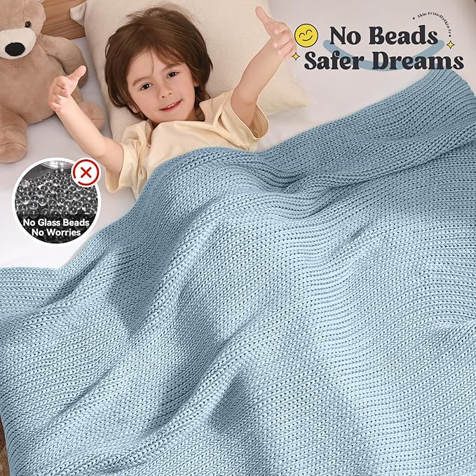 Guohaoi Knitted Weighted Blanket Kids (Haze Blue 36"x48" 3lbs) No Beads Cooling Heavy Blanket, Home Decor Breathable Chunky Knit Throw Blanket for All-Season Use