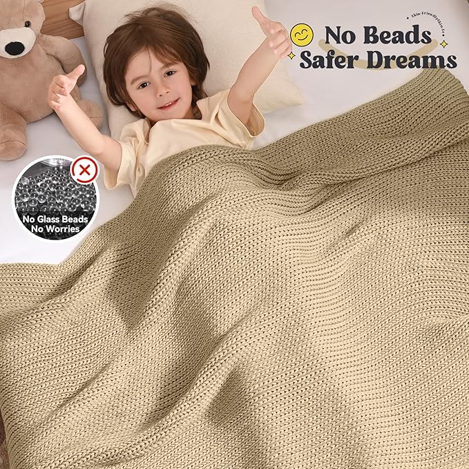 Guohaoi Knitted Weighted Blanket Kids (Beige 50"x60" 5lbs) No Beads Cooling Heavy Blanket, Home Decor Breathable Chunky Knit Throw Blanket for All-Season Use