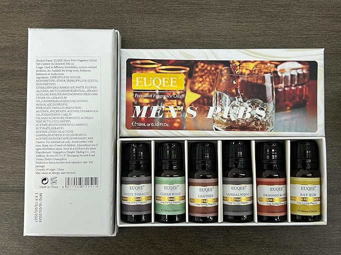 6PCS Fragrance Oils for Men, Men's Pubs Gift Set Premium Fragrance Oils -10ml-Leather, Sweet Tobacco(New Name-Honeyed Haze), Dragons Blood, Sandalwood, Bay Rum, Cedarwood (Men's Pubs)