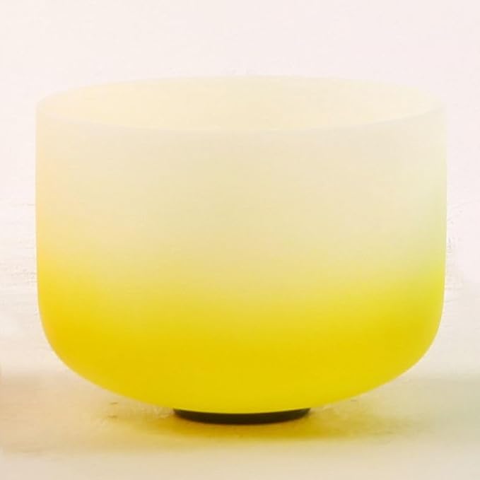 Leize Crystal Singing Bowl Gradient Color Chakra Tuned Quartz 10” wide Yellow 432hz E Note with Suede Striker
