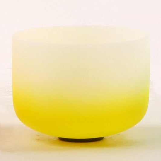 Leize Crystal Singing Bowl Gradient Color Chakra Tuned Quartz 10” wide Yellow 432hz E Note with Suede Striker