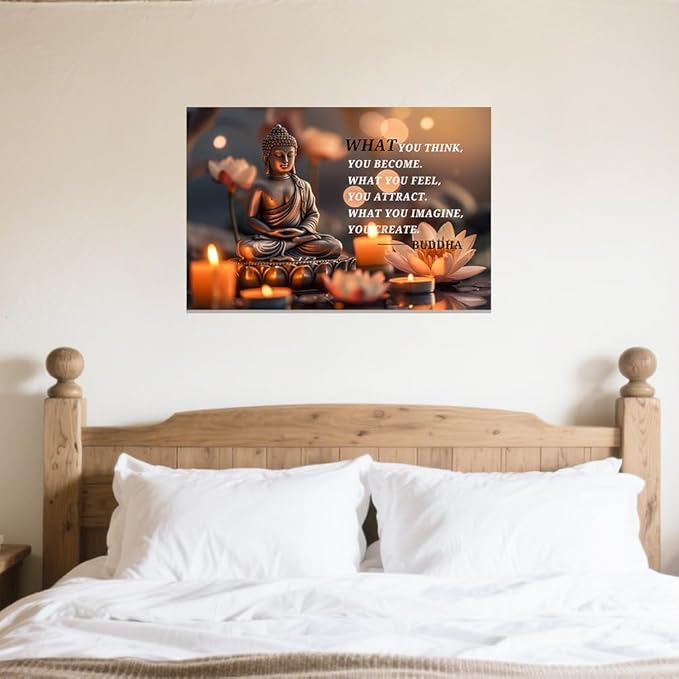 ZXHYWYM Buddhist Motivational Quotes Wall Art Canvas Prints Buddha Lotus Painting Zen Bathroom Pictures for Office Home Spa Yoga Room Wall Decor Framed (16" x 24")