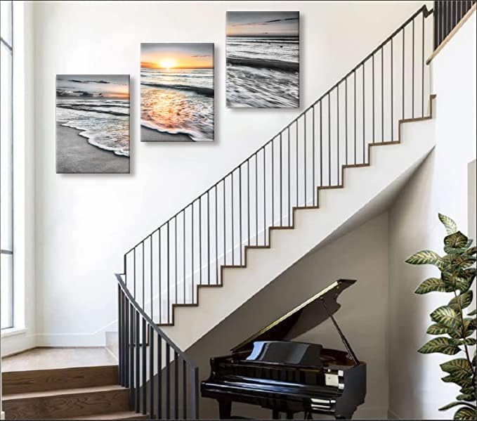 Bamdeya Bathroom Wall Decorations 3 Piece Black and White Picture Framed Wall Art Bedroom Beach Canvas Prints Photos Ocean Painting Sunset Poster Sea Artwork for Office Dining Room Decor 12x16x3pcs