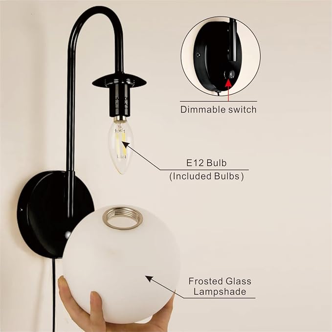 Plug in Wall Sconces Decor Set of Two, Modern Black Globe Wall Lamp, Stepless Dimmable Gooseneck Wall Light for Living Room Bedroom Hallway,Milky White Glass Shade, 2-Pack E12 Bulb, Optional Hardwired