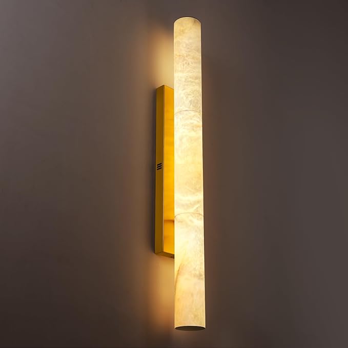 Brass Alabaster Wall Sconces, Spanish Natural Marble Wall Sconce, 36" Long Stone Wall Sconce Dimmable, Gold Alabaster Sconces Wall Lighting Indoor, Marble Wall Light for Bathroom, Living Room,Entryway