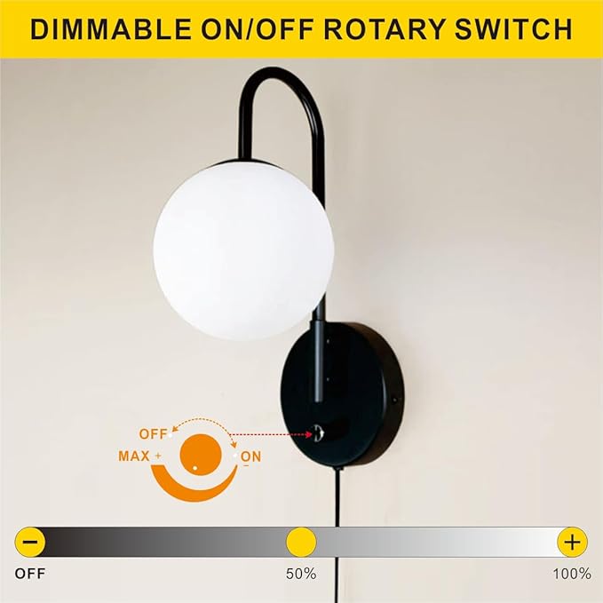 Plug in Wall Sconces Decor Set of Two, Modern Black Globe Wall Lamp, Stepless Dimmable Gooseneck Wall Light for Living Room Bedroom Hallway,Milky White Glass Shade, 2-Pack E12 Bulb, Optional Hardwired