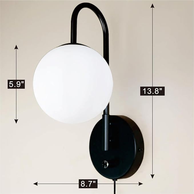 Plug in Wall Sconces Decor Set of Two, Modern Black Globe Wall Lamp, Stepless Dimmable Gooseneck Wall Light for Living Room Bedroom Hallway,Milky White Glass Shade, 2-Pack E12 Bulb, Optional Hardwired