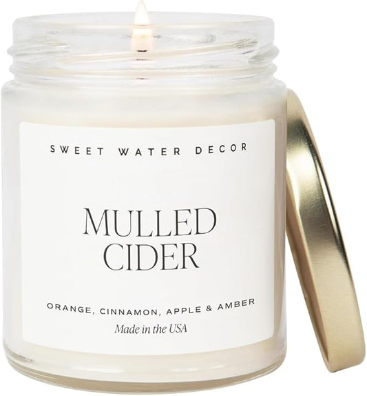 Sweet Water Decor Mulled Cider Candle - Fall Scented with Cinnamon, Icing and Cinnamon Buttery Pastry for Home - Fall Soy Candles with 40 Hours Burn Time - 9Oz Gold Lid Clear Jar Mulled Cider Scents