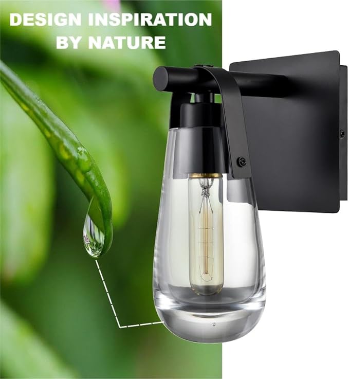 Black Wall Sconces, Raindrop Sconces Wall Lighting, Modern Clear Glass Vanity Light Fixtures Raindrop Wall Sconce for Bathroom Bedroom Living Room