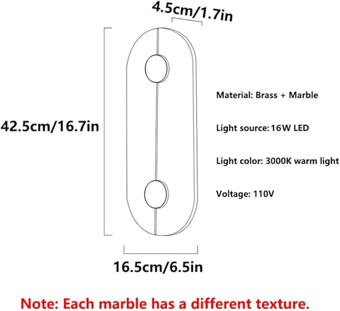 Nordic Style Marble Wall Light 16.7in Natural Stone Wall Lamp Warm White 3000K Energy Saving Alabaster Wall Sconce for Hotel Bedroom Bedside Decorative Lighting