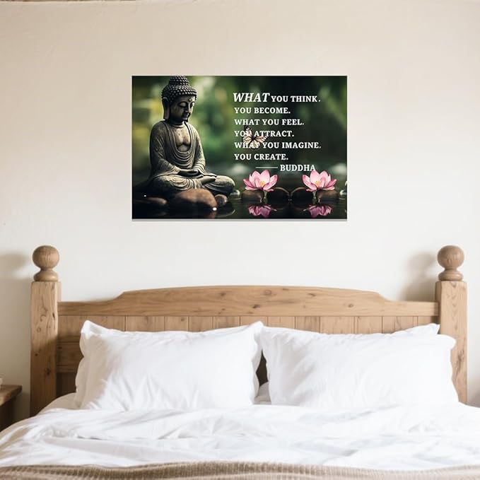 ZXHYWYM Buddhist Motivational Quotes Wall Art Canvas Prints Buddha Lotus Painting Zen Bathroom Pictures for Office Home Spa Yoga Room Wall Decor Framed (16" x 24")