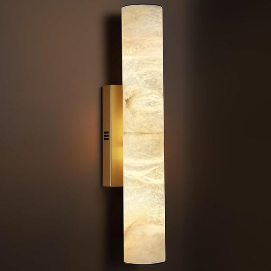 Alabaster Wall Sconces Gold, Spanish Natural Marble Wall Sconce, 20" Brass Wall Sconce for Bathroom, Indoor Stone Wall Sconces Dimmable, Alabaster Wall Light for Living Room, Bedroom, Hallway, Stairs