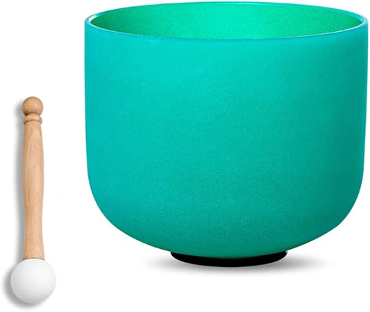 9 inch Green F Note Heart Chakra Quartz Crystal Singing Bowl, for Healing Mindfulness Meditation Yoga Sound Baths, with Rubber Mallet O-ring