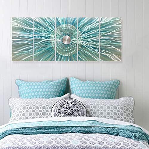 RICHSPACE ARTS Large Abstract Metal Wall Art Modern Teal Decor 3d Geometric Sculpture Dancing Sun Rays Design for Contemporary Living Room Home Office Walls