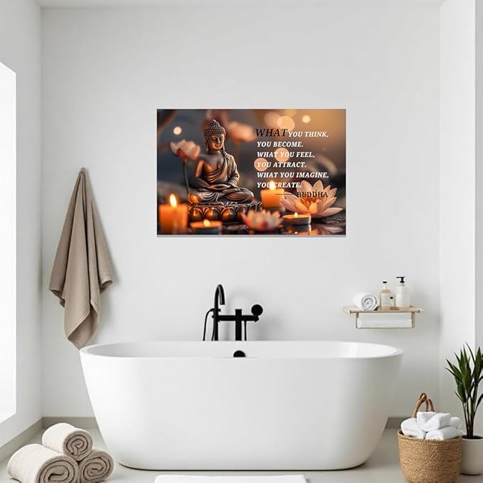 ZXHYWYM Buddhist Motivational Quotes Wall Art Canvas Prints Buddha Lotus Painting Zen Bathroom Pictures for Office Home Spa Yoga Room Wall Decor Framed (24" x 36")