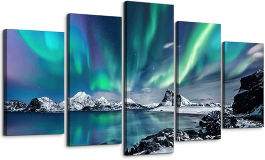Large Wall Decor For Living Room Canvas Wall Art For Bedroom Blue Aurora Scenery Paintings Modern Canvas Art Prints Ready To Hang Office Pictures For Home Wall Decorations Artwork 5 Piece Set