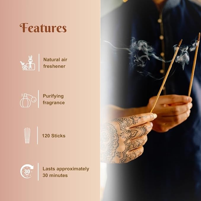 Rajkamal Incense Sticks Sandalwood Scented - Long-Lasting Aromatic Fragrance - for Meditation, Positivity, Relaxation, Yoga & Pooja Mandir 120 Sticks