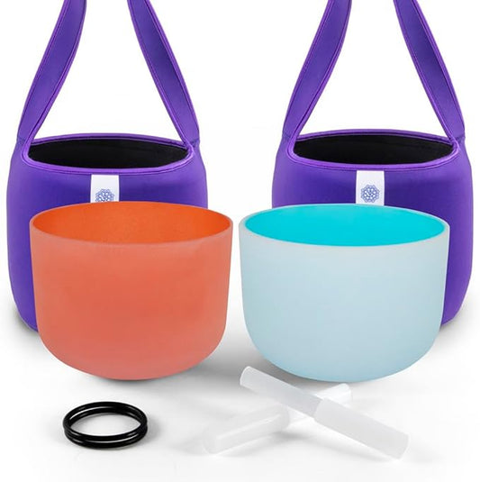 FMTY 10inch Crystal Singing Bowls set prefect pitch(±10HZ) Orange(Sacral)+ Blue(Throat) with Soft Carrying Bag Sound Bowls Chakra Bowl