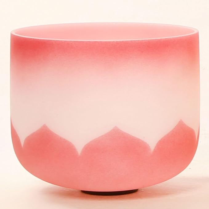 Leize Crystal Singing Bowl Lotus Design Colored Rim Chakra Tuned Quartz 12” wide Red 432hz C Note with Suede Striker