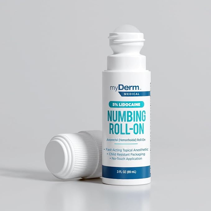 Myderm Medical 5% Lidocaine Roll On - 3 fl oz - for Minor Aches, Scratches and Anorectal Discomfort - Made in The USA.