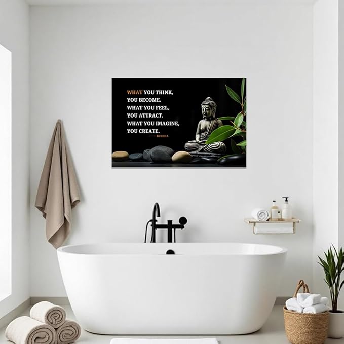 ZXHYWYM Buddhist Motivational Quotes Wall Art Canvas Prints Buddha Lotus Painting Zen Bathroom Pictures for Office Home Spa Yoga Room Wall Decor Framed (16" x 24")