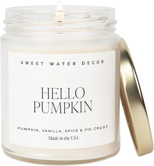 Sweet Water Decor Hello Pumpkin Candle - Fall Soy Candles with Pumpkin, Warm Spices, Vanilla and Buttery Pie Crust - Pumpkin Candles for Home with 40 Hours Burn Time - 9Oz Gold Lid Clear Jar Candle