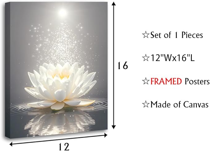 Framed Lotus Floral Pictures Wall Art for Zen Office Decor Meditation Poster,Lotus Floral Wall Art,White Lotus Print,Lotus Flower Bloom in Water Picture Bathroom Decor(12"x16")