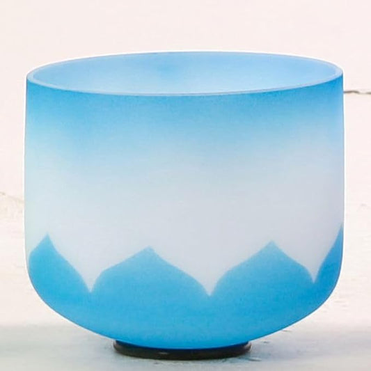 Leize Crystal Singing Bowl Lotus Design Colored Rim Chakra Tuned Quartz 8” wide Blue 432hz G Note with Suede Striker